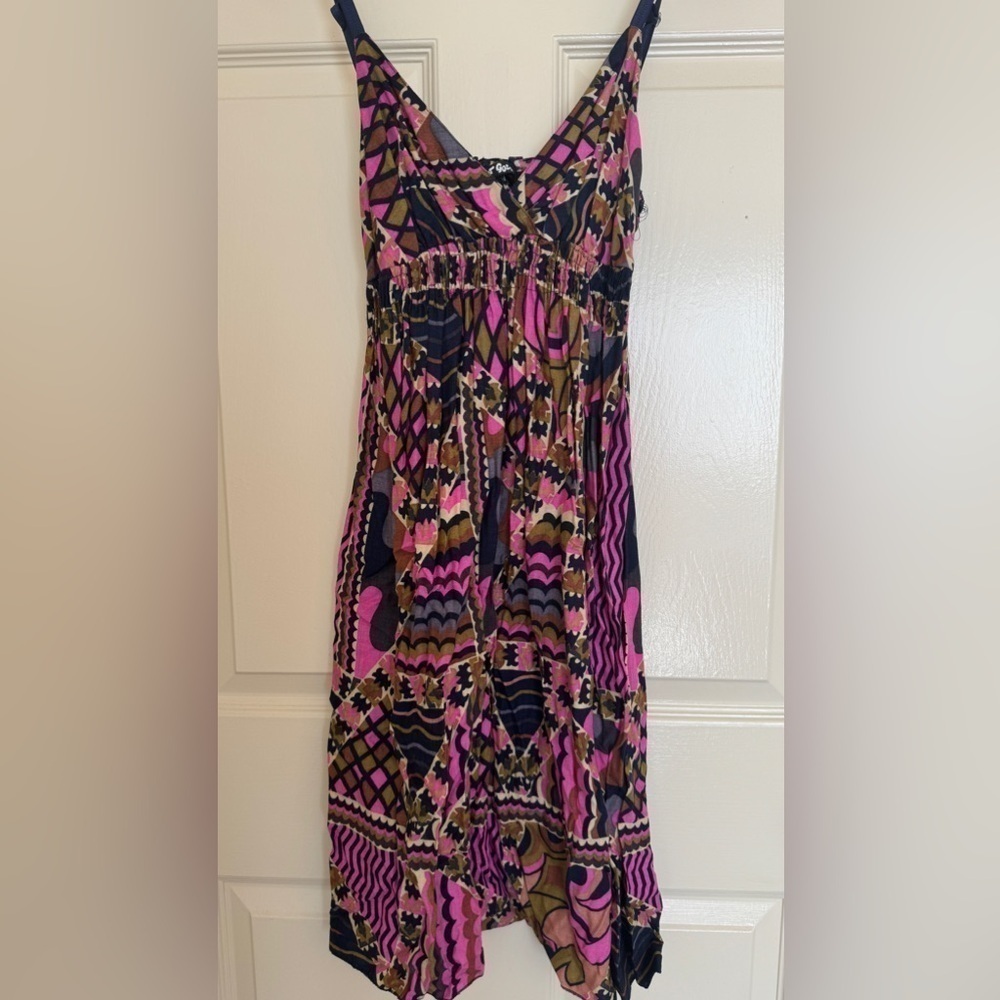 Y2K Planet Gold Boho Mini Dress S Pink Blue Geometric Babydoll Festival